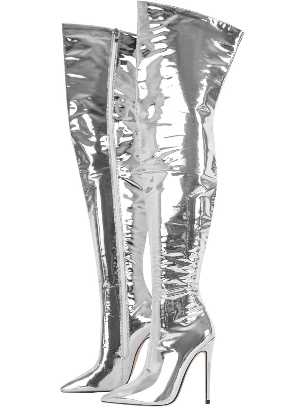 Women's Silver Metallic Side Zipper Pointed Toe Thigh-High Stiletto Heel Boots